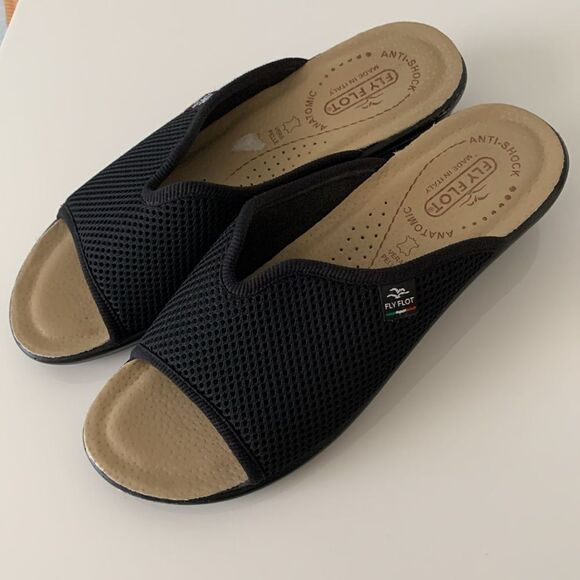 Fly Flop Women's Black Mesh Open-Toe Comfort Wedge Slide Sandals Size 39 - Picture 2 of 9